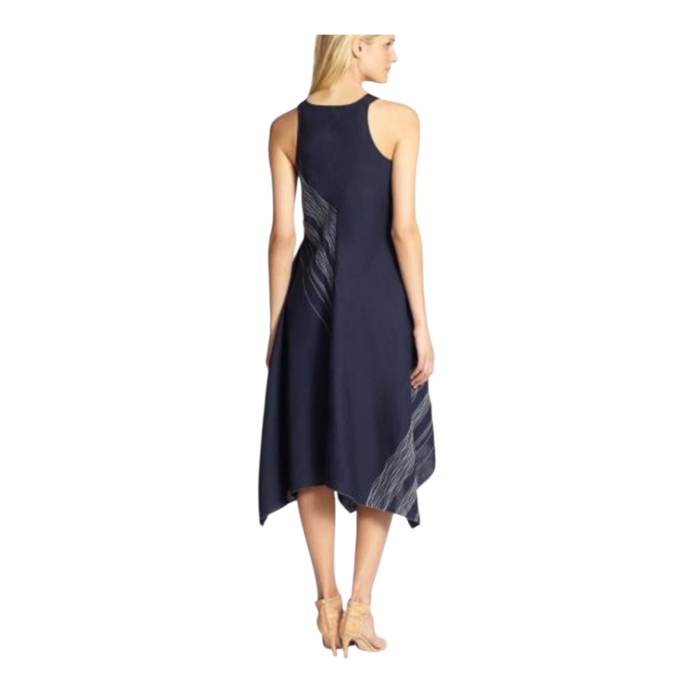 Eileen Fisher Navy Blue Irish Linen Asymmetric Handkerchief Hem Dress Sz M EUC - Picture 2 of 6